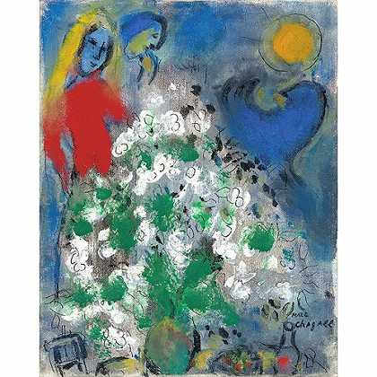 《蓝色公鸡和白色花束》夏卡尔1957年绘画作品赏析