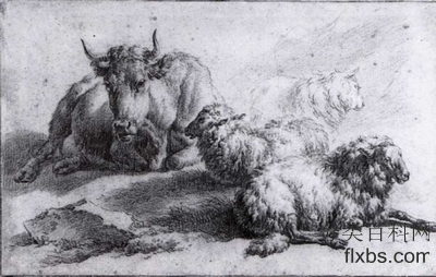 《一头母牛和三只羊》动物画赏析