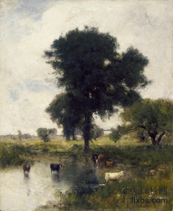 《池塘中的牛(夏日风景)》风景油画作品赏析