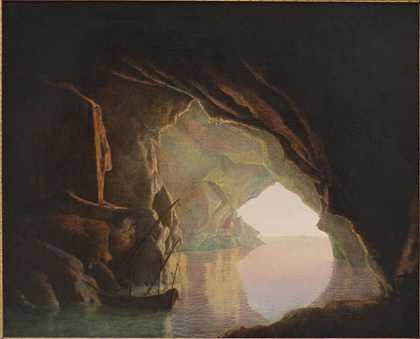 《在萨莱诺湾一个洞穴的日落风景》油画风景作品赏析