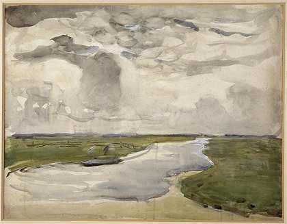 《蜿蜒的河流的景观》风景油画赏析
