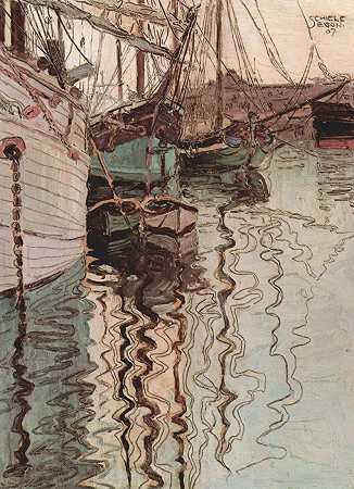 埃贡·席勒《的里雅斯特港》 1907 年 （16岁）作 新艺术风格码头画作品赏析