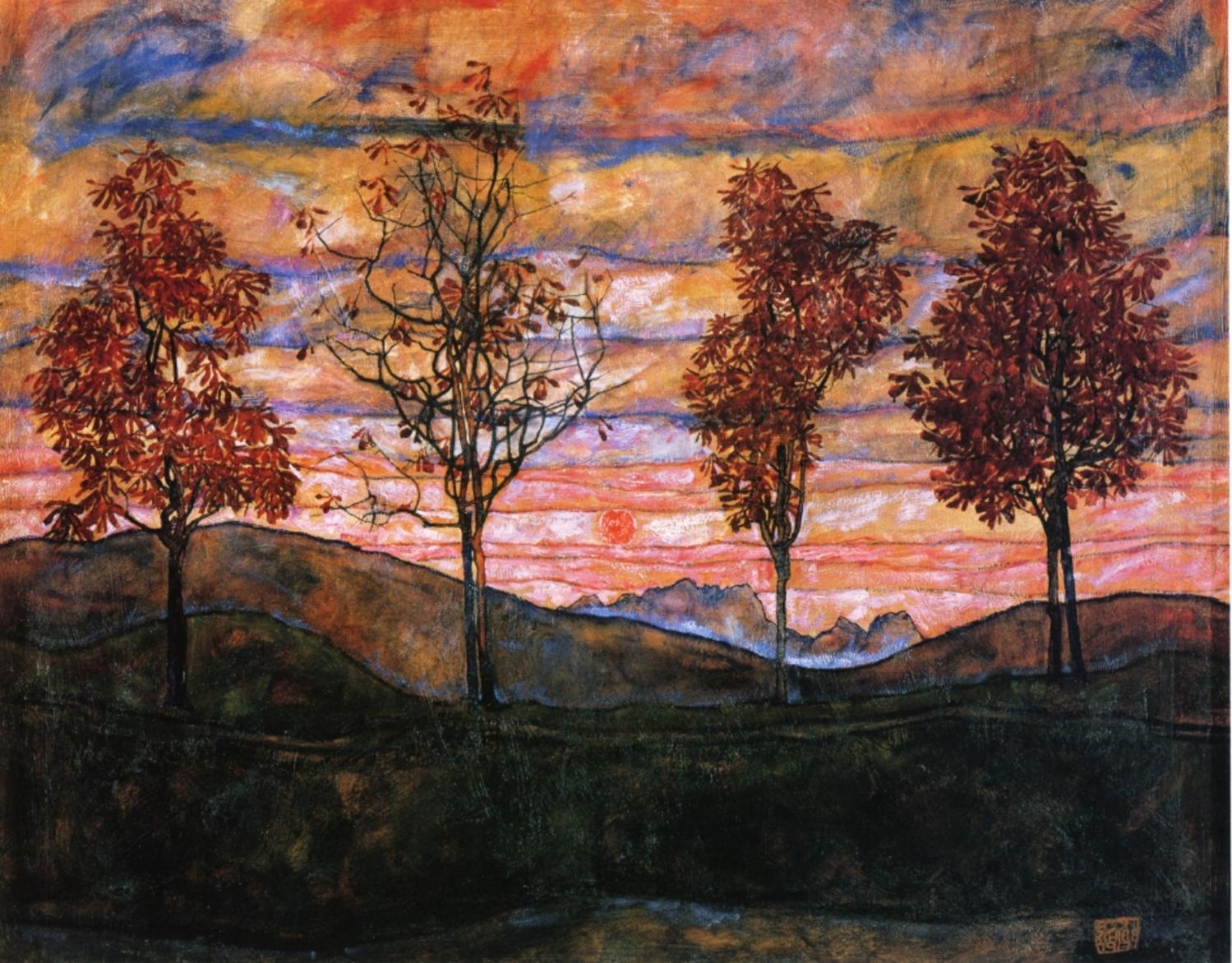 埃贡·席勒《四棵树》 1917 年 （26岁）作 新艺术风格风景画作品赏析