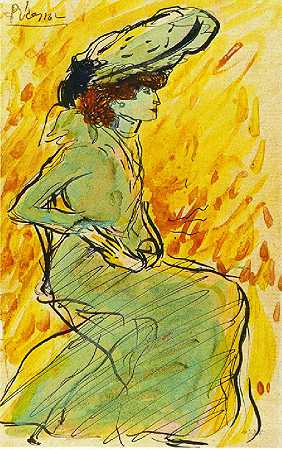 巴勃罗·毕加索《穿绿衣的女人坐像》 1901 年 （19岁）作 后印象派肖像画作品赏析