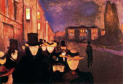 爱德华·蒙克《卡尔约翰街的夜晚》 1892 年 （28岁）作 表现主义人物画作品赏析
