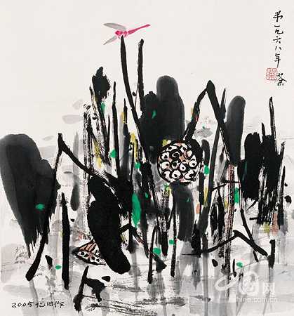 吴冠中《红蜻蜓》Spring Breeze 2005 年 （85岁）作 抽象表现主义,水墨画花鸟画作品赏析
