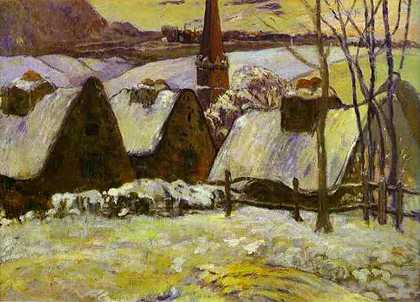 《雪中的布列塔尼村庄》风景油画赏析