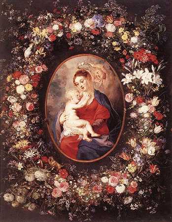 《花环中的圣母与圣子》宗教油画赏析