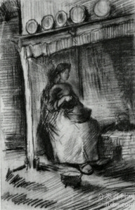 《内部：坐在壁炉旁的农妇》梵高油画作品赏析
