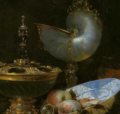 《静物：霍尔拜因碗、鹦鹉螺杯、玻璃酒杯和水果盘(细节)》静物赏析