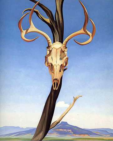 《鹿头骨和燧石山丘》抽象画,油画风景作品赏析