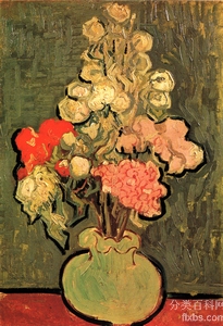 《静物：玫瑰锦葵与花瓶》梵高油画作品赏析