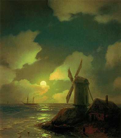 《海岸的风车》油画风景作品赏析