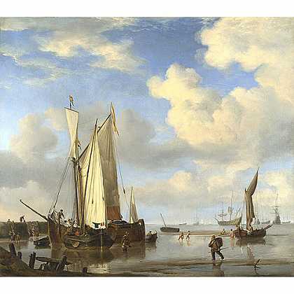 《近岸的荷兰船只和洗澡的男人》范德维德1661版创作绘画赏析