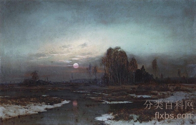 《秋景，月光下的沼泽河》油画风景作品赏析