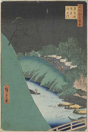 《从观景台上眺望江户的百年名胜区胜堂和船坪桥上的雨》油画风景作品赏析