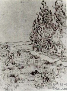 《在田野耕作的四个农民和丝柏树》梵高油画作品赏析