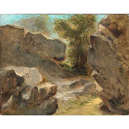 《奥热维勒的岩石景观》德拉克洼1854版创作绘画赏析