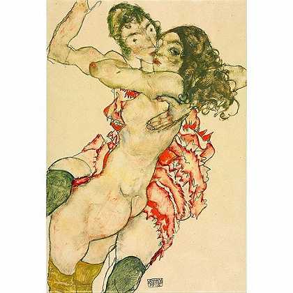 《两个拥抱的女人》席勒1915年创作绘画赏析