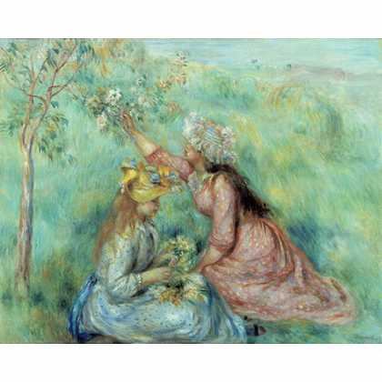 《女孩在草地上摘取花朵》雷诺阿1890年创作绘画赏析