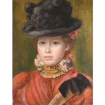 《戴红花的黑帽女孩》雷诺阿1890年创作绘画赏析