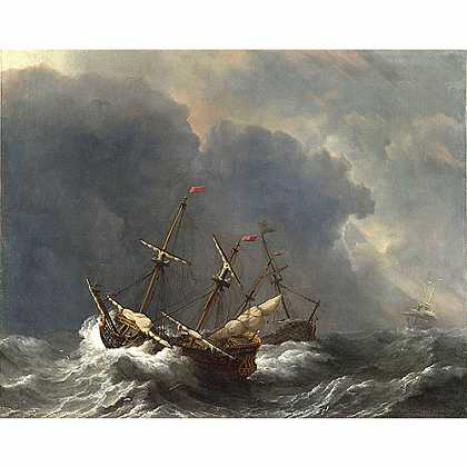 《大风中的三艘船》范德维德1673年创作绘画赏析