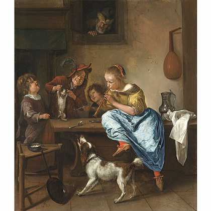 《孩童教猫跳舞·舞蹈课》史坦1660年创作绘画赏析