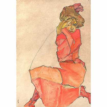 《跪着的橘红色衣服女性》席勒1910年创作绘画赏析