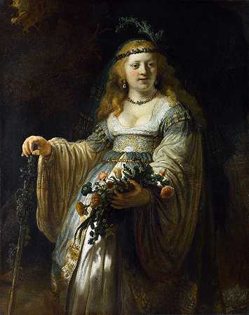 伦勃朗（Rembrandt）–萨斯基亚·范·伊伦堡（Saskia van Uylenburgh）在(阿卡狄亚服装)作品赏析