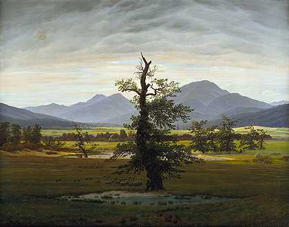 卡斯珀·大卫·弗里德里希（Caspar David Friedrich）的(晨曦中的乡村风景（孤树）)