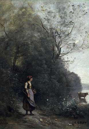 法国画家让·巴蒂斯特·卡米尔·科罗（Jean-Baptiste Camille Corot（1796-1875））-农民女孩在森林里放牧母牛