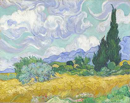 文森特·梵高（Vincent van Gogh）-麦田，柏树