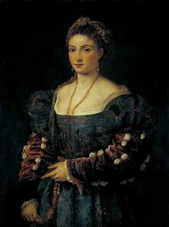 提香（Titian）–穿着蓝色连衣裙的女士 高清油画