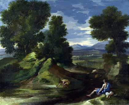 法国画家尼古拉斯·普桑（Nicolas Poussin）–与一个从溪水sc水的人的风景