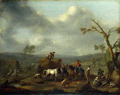 荷兰画家扬·林格尔巴赫（Jan Lingelbach）–装载干草车的农民