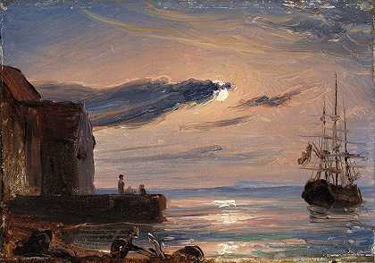 托马斯·费恩利（Thomas Fearnley）–意大利南部月光下的港口油画