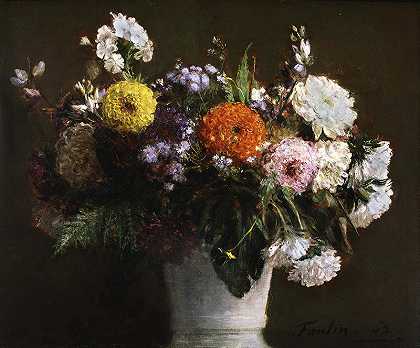 法格·拉图尔 （ Ignace-Henri-Jean-ThéodoreFantin-Latour），法国，1836-1904年–静物与菊花油画