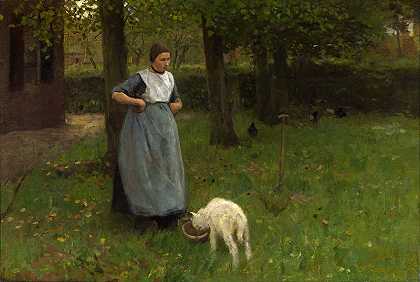 安东·莫夫（ Anton Mauve） – Laren产羔羊的女人油画