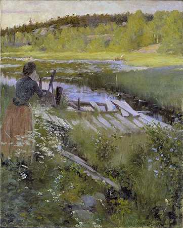 古斯塔夫·奥斯卡·比约克（ Gustav Oskar Bjorck） –在湖边油画