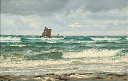维戈·赫尔斯特德（Viggo Helsted）-带有渔船的海景油画
