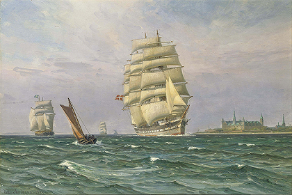 维尔赫姆·阿内森 （Vilhelm Arnesen）-丹麦克朗堡城堡旁的Soundjammer油画