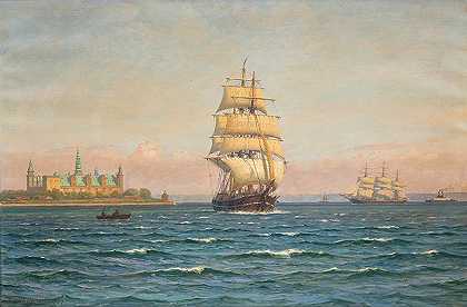 维尔赫姆·阿内森 （Vilhelm Arnesen）-帆船和轮渡在克伦堡附近 油画作品