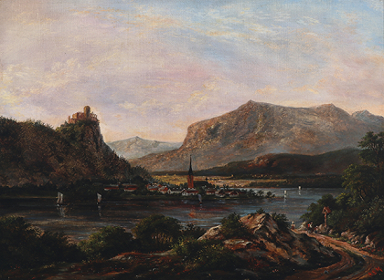 安东·爱德华·基尔德鲁普（Anton Eduard Kieldrup）-与城堡在山顶上的河景油画