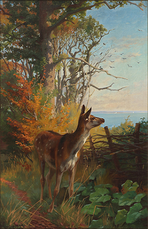 阿道夫·麦克普朗 （Adolf Mackeprang） -森林中的鹿 油画