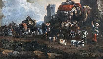 约翰·安东·埃斯曼（Johann Anton Eismann）-与大篷车共处风景画.油画