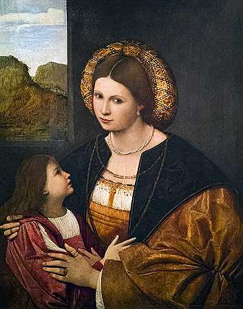 贝纳迪诺·利辛尼奥（Bernardino Licinio）-一位女士和她的儿子的肖像.油画