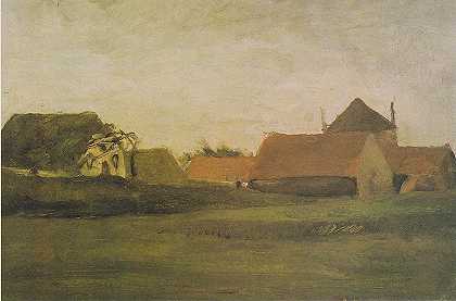 文森特·梵高（ Vincent van Gogh)-(黎明时分，海牙Loosduinen的农舍)