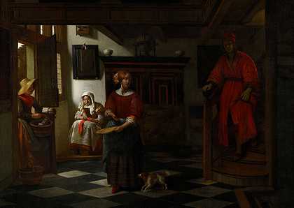 彼得·德·霍赫（Pieter de Hooch，荷兰画家）作品-芦笋小贩 (1675–80).