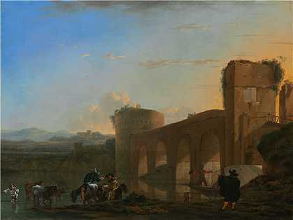 扬·阿瑟林（Jan Asselijn）-台伯河与日落时的庞特莫尔油画