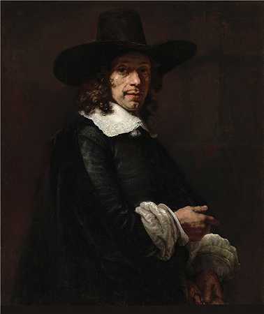 伦勃朗·范·瑞恩（Rembrandt van Rijn）-戴着高大的帽子和手套的绅士的肖像油画